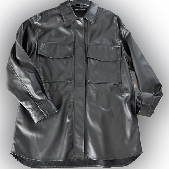 Zara Black Faux Leather Shirt Jacket - Picture 2 of 5